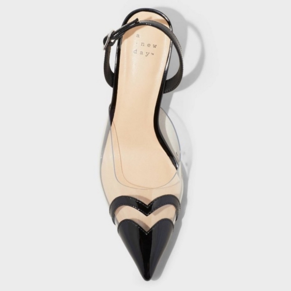 RESTOCKED a new day Eleanor Black and Clear Heart  Slingback Heels - Picture 3 of 5